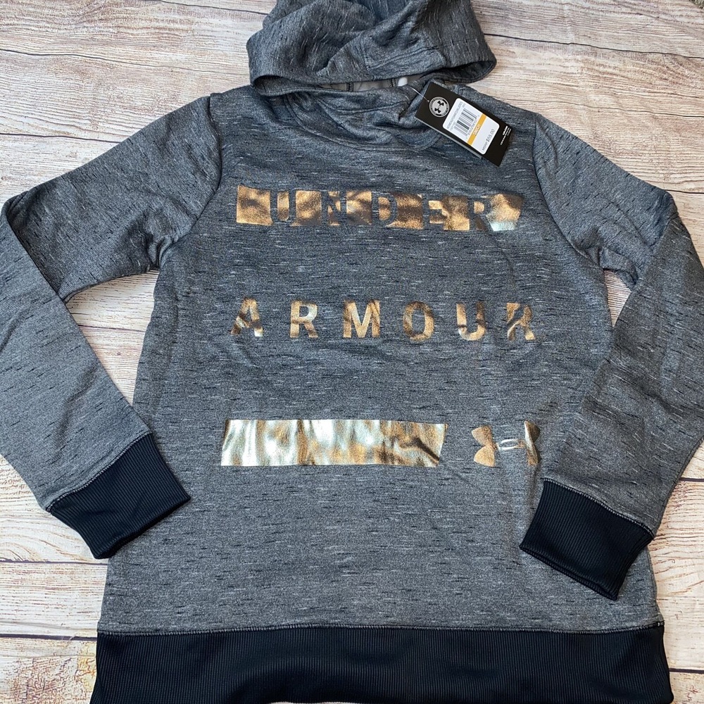 Under Armour Women's Small Gray Black Metallic Logo Hoodie Hooded Sweatshirt NEW